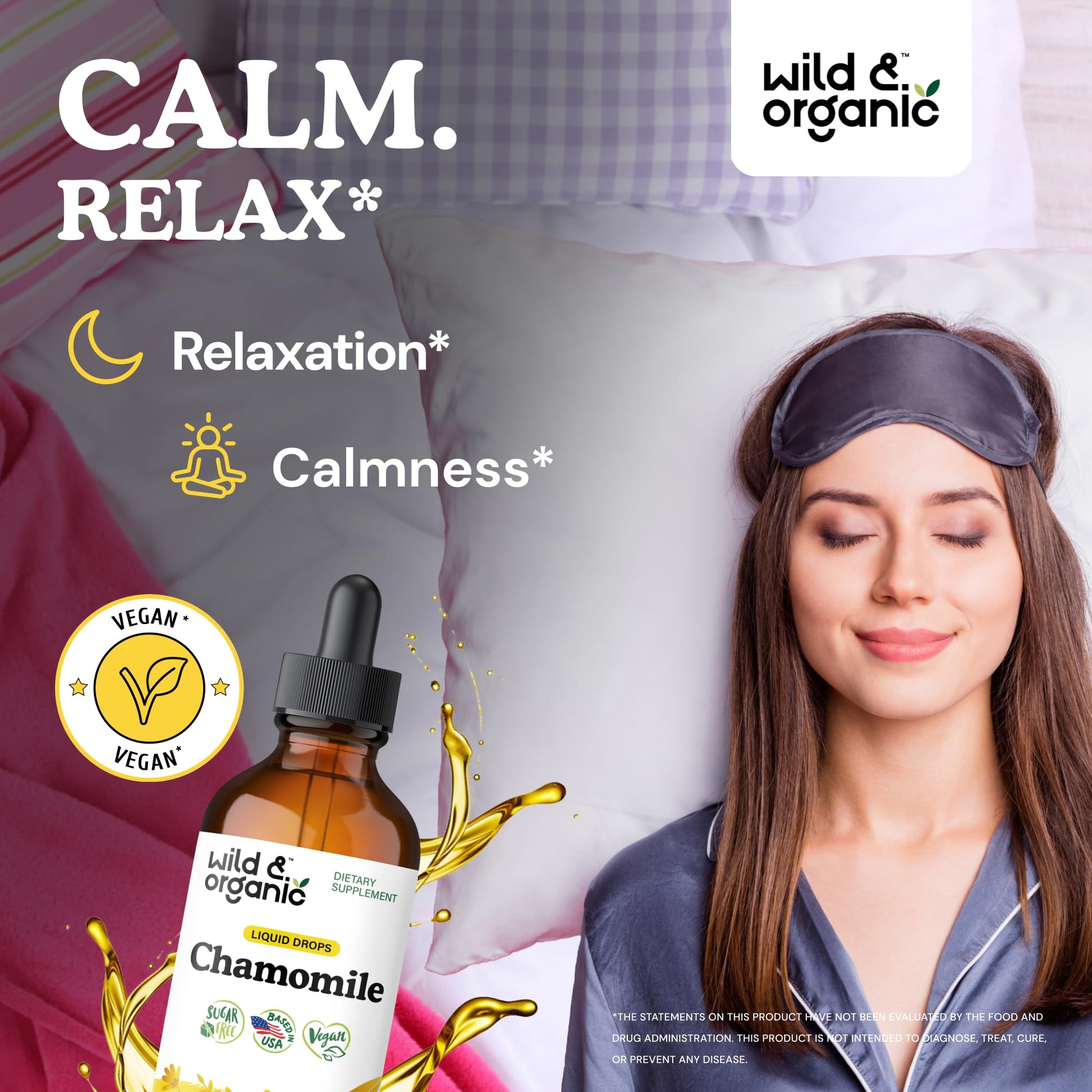 Chamomile extract liquid drops ingredient label showing alcohol free and vegan certifications.
