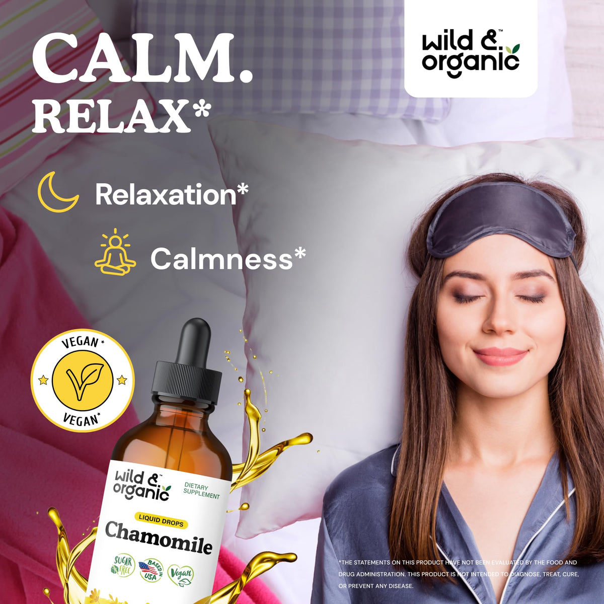 Chamomile extract liquid drops ingredient label showing alcohol free and vegan certifications.