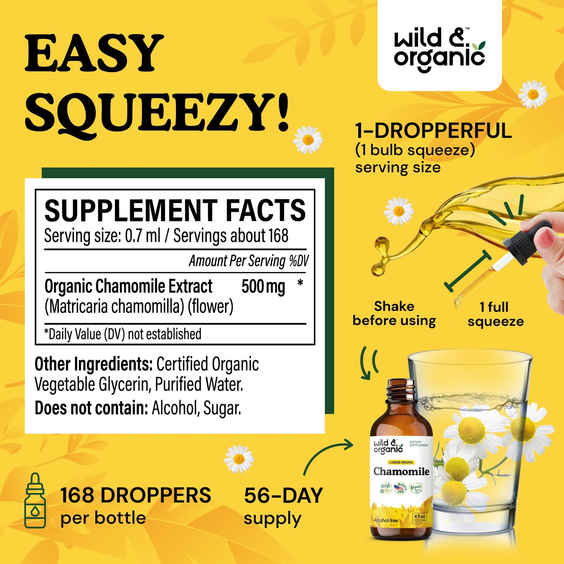 Premium imported chamomile herbal supplement bottle with clear glass dropper applicator.