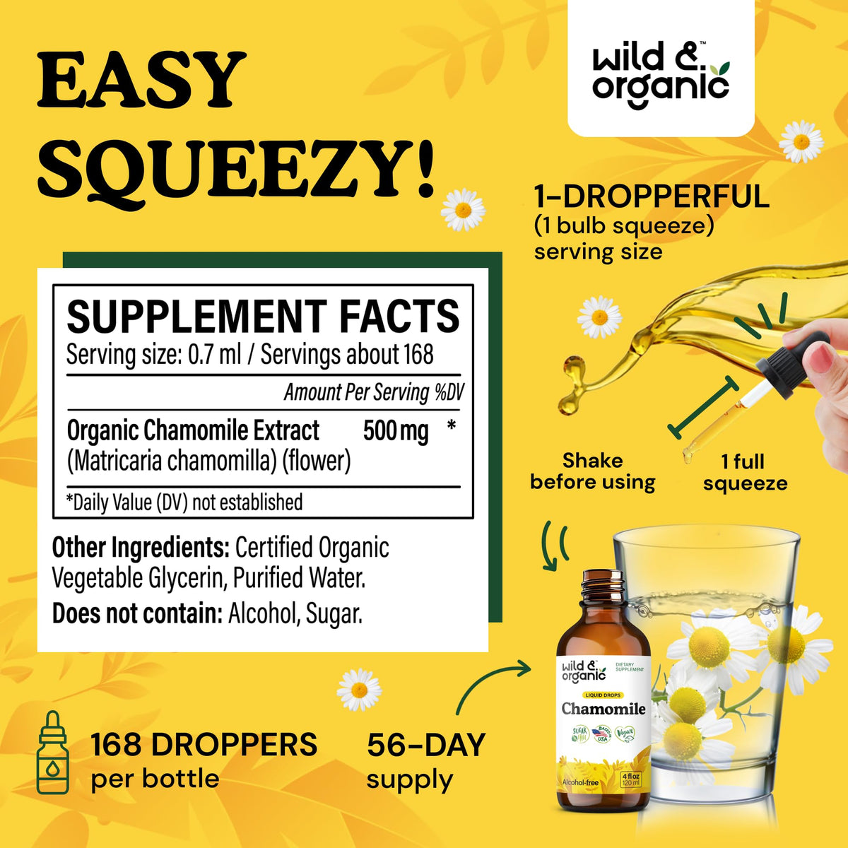 Premium imported chamomile herbal supplement bottle with clear glass dropper applicator.