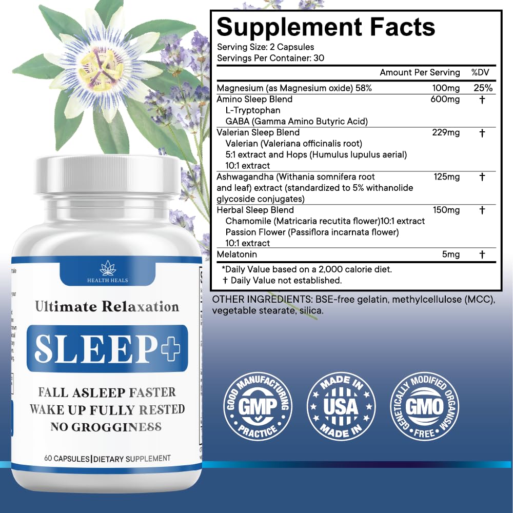 Health Heals Ultimate Relaxation Sleep Plus supplement facts label with magnesium and chamomile ingredients