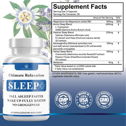 Health Heals Ultimate Relaxation Sleep Plus supplement facts label with magnesium and chamomile ingredients