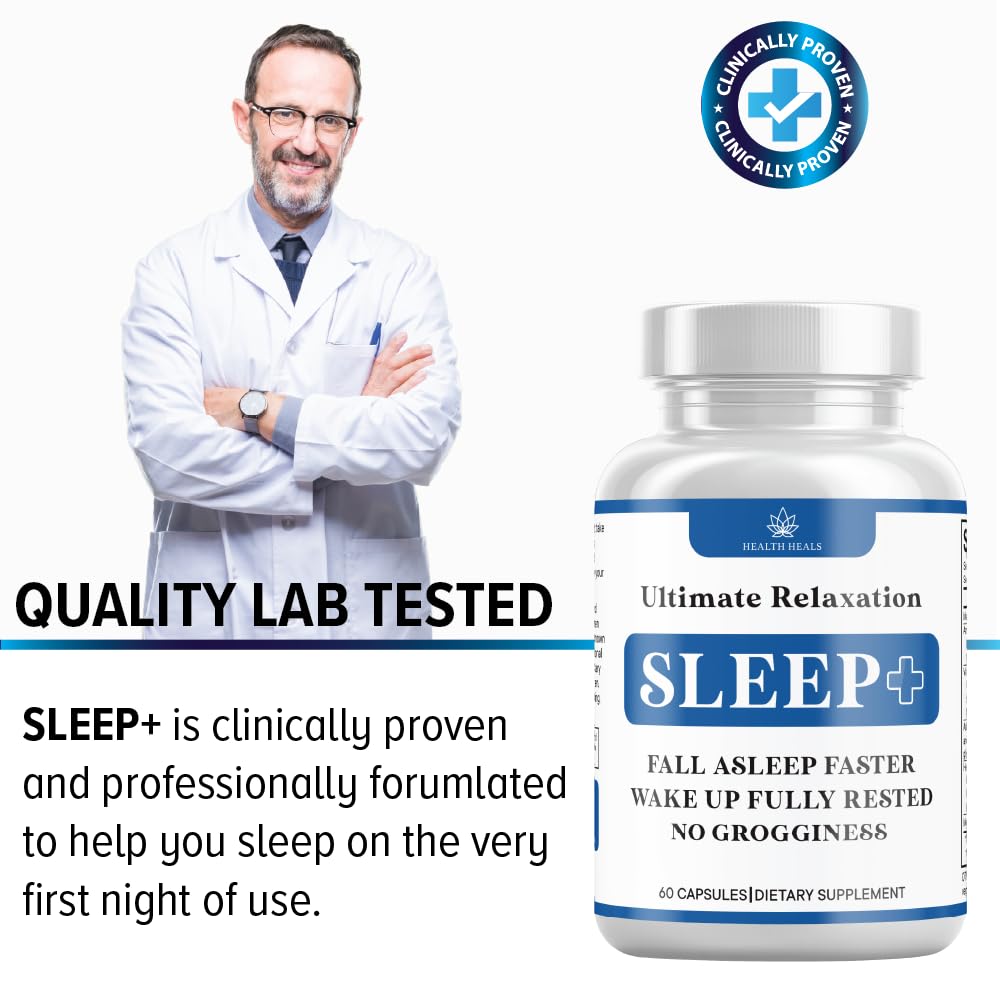Side profile of Health Heals natural sleep capsules bottle highlighting non habit forming disclaimer