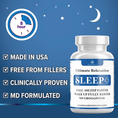 Close up view of Health Heals sixty capsules sleep aid twin pack packaging details