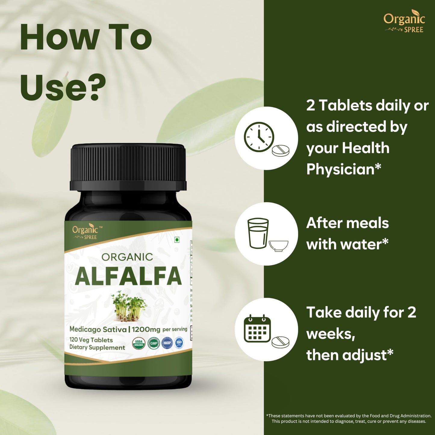 Back of Organic Spree Alfalfa bottle showing supplement facts