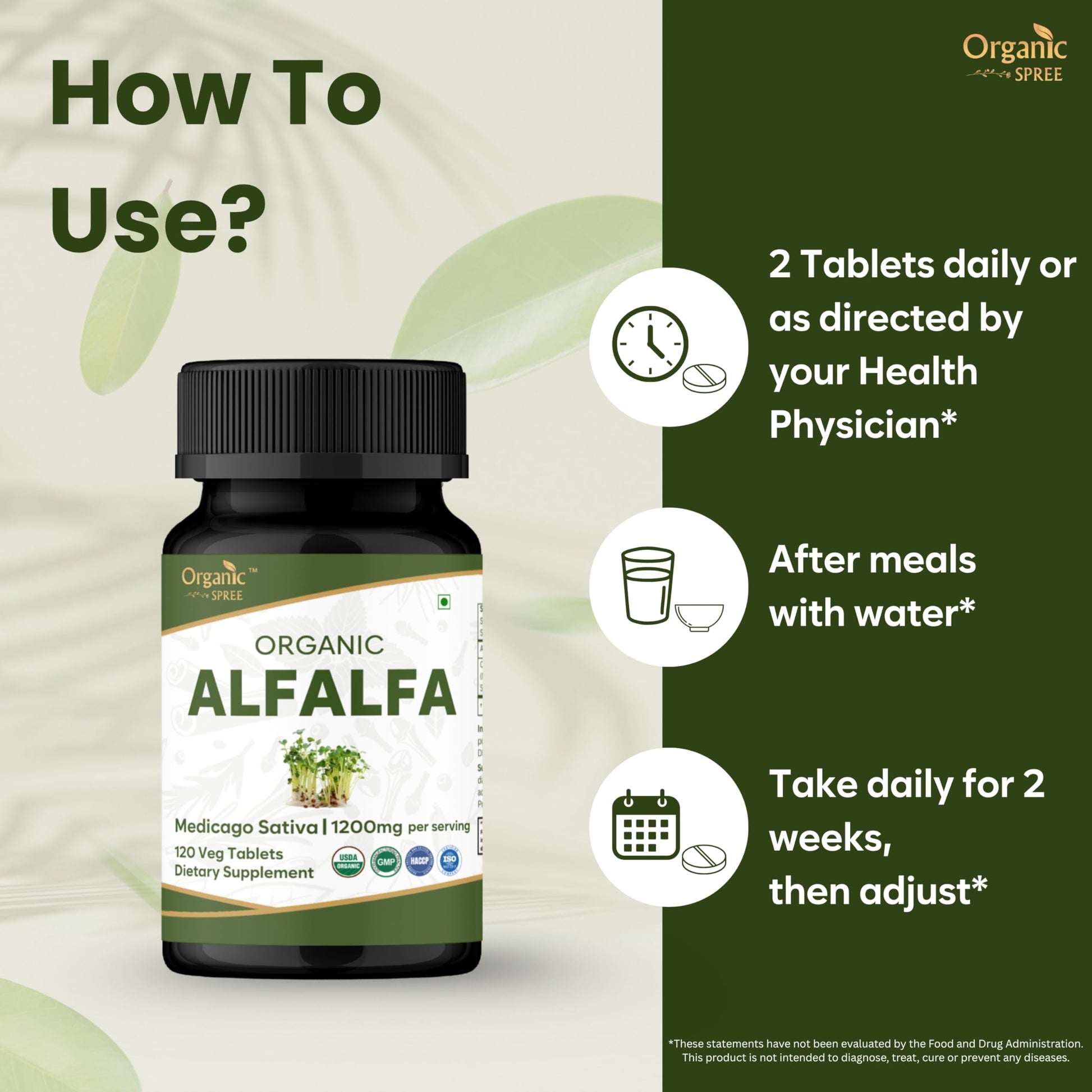 Back of Organic Spree Alfalfa bottle showing supplement facts