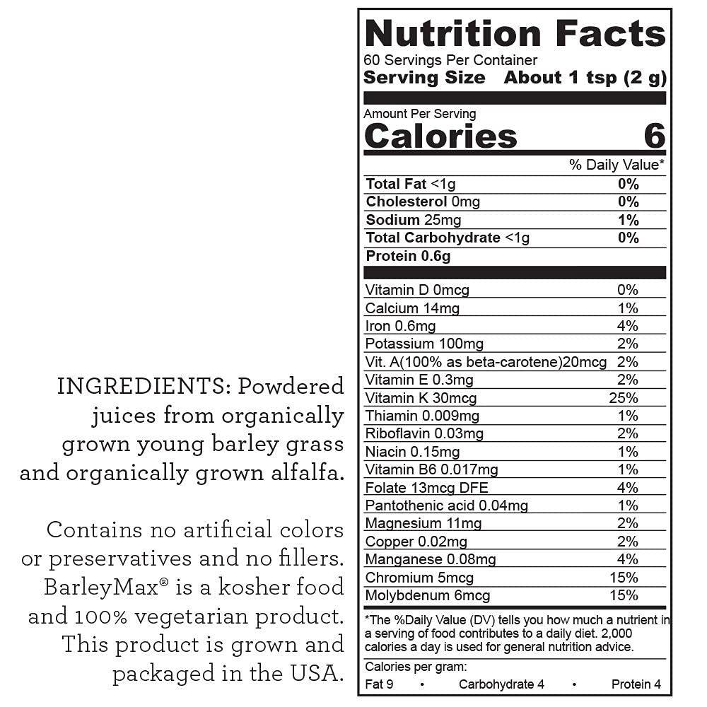 Hallelujah Diet BarleyMax organic grass powder label