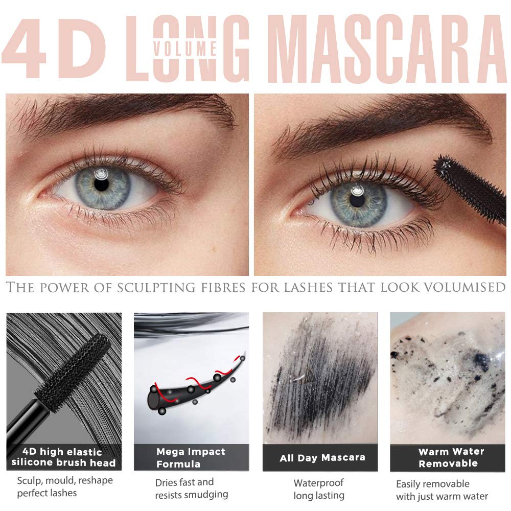 Before and after comparison of eyelashes showing dramatic length and volume using 4D fiber mascara.