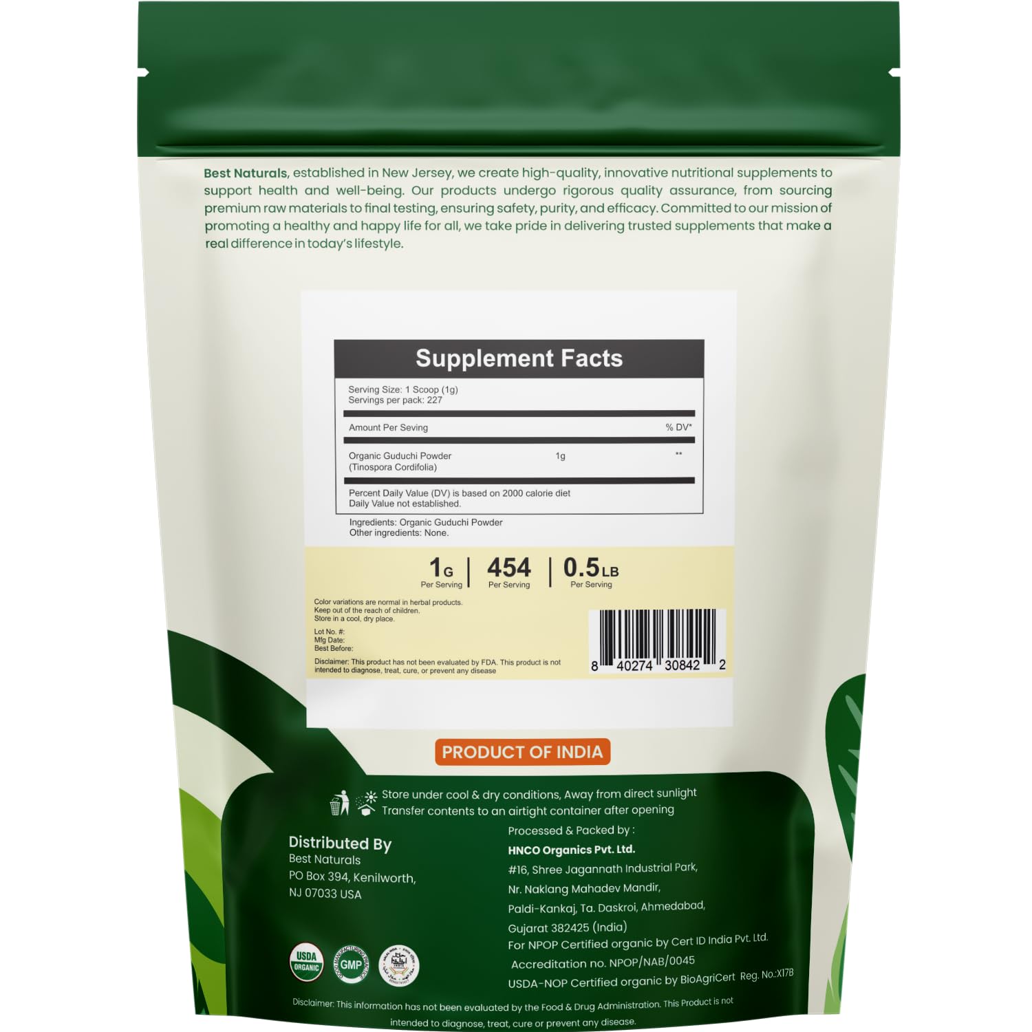 Best Naturals Organic Guduchi Powder packaging label details