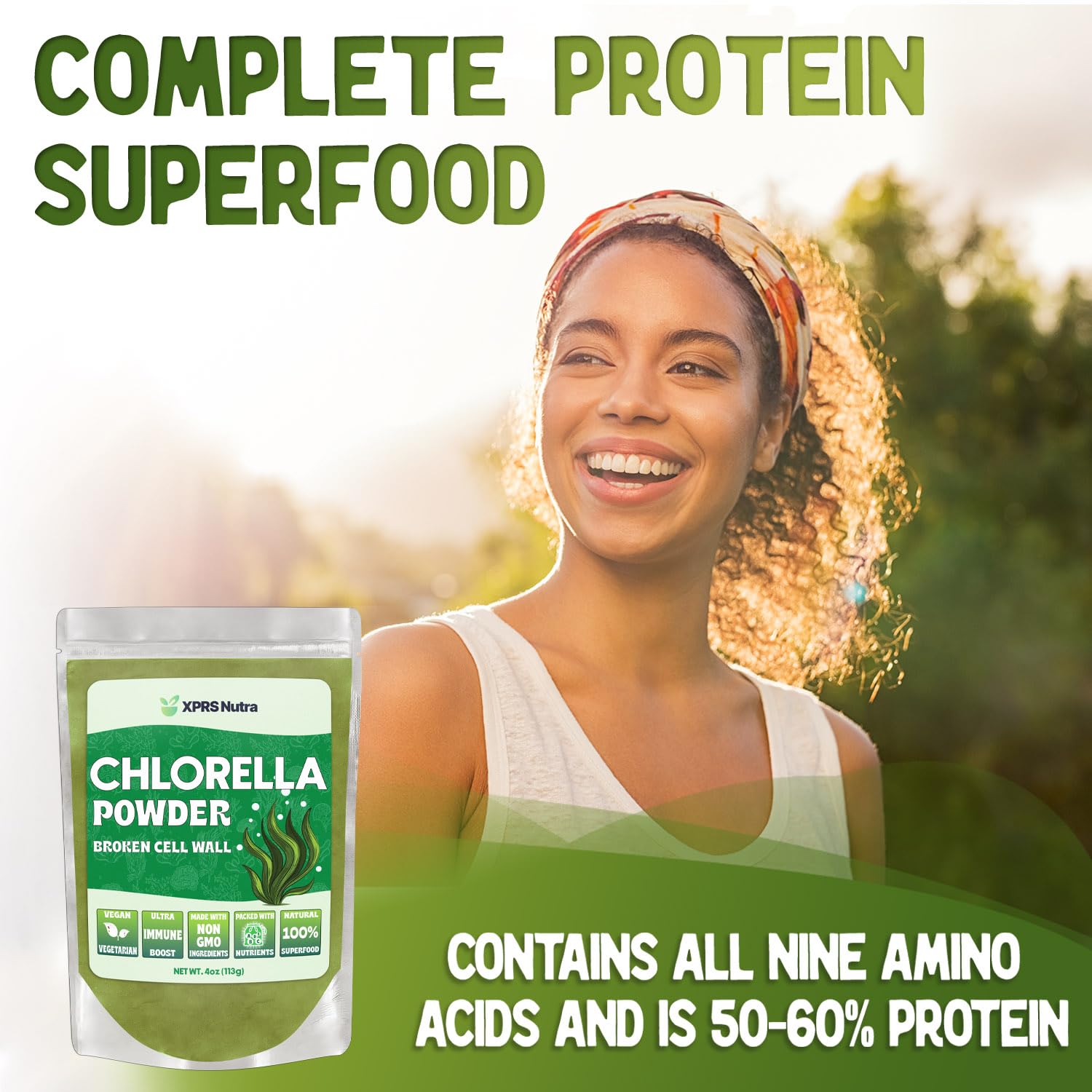 Close up of vibrant green XPRS Nutra organic chlorella powder texture