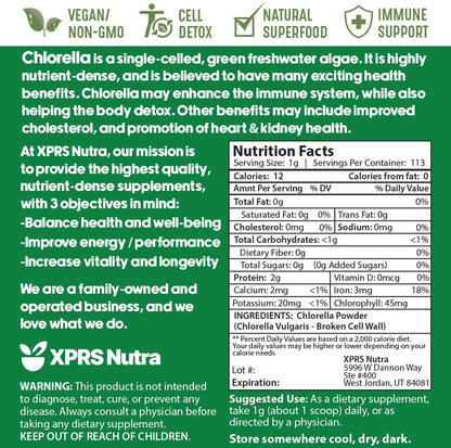 Nutritional information printed on XPRS Nutra chlorella pouch