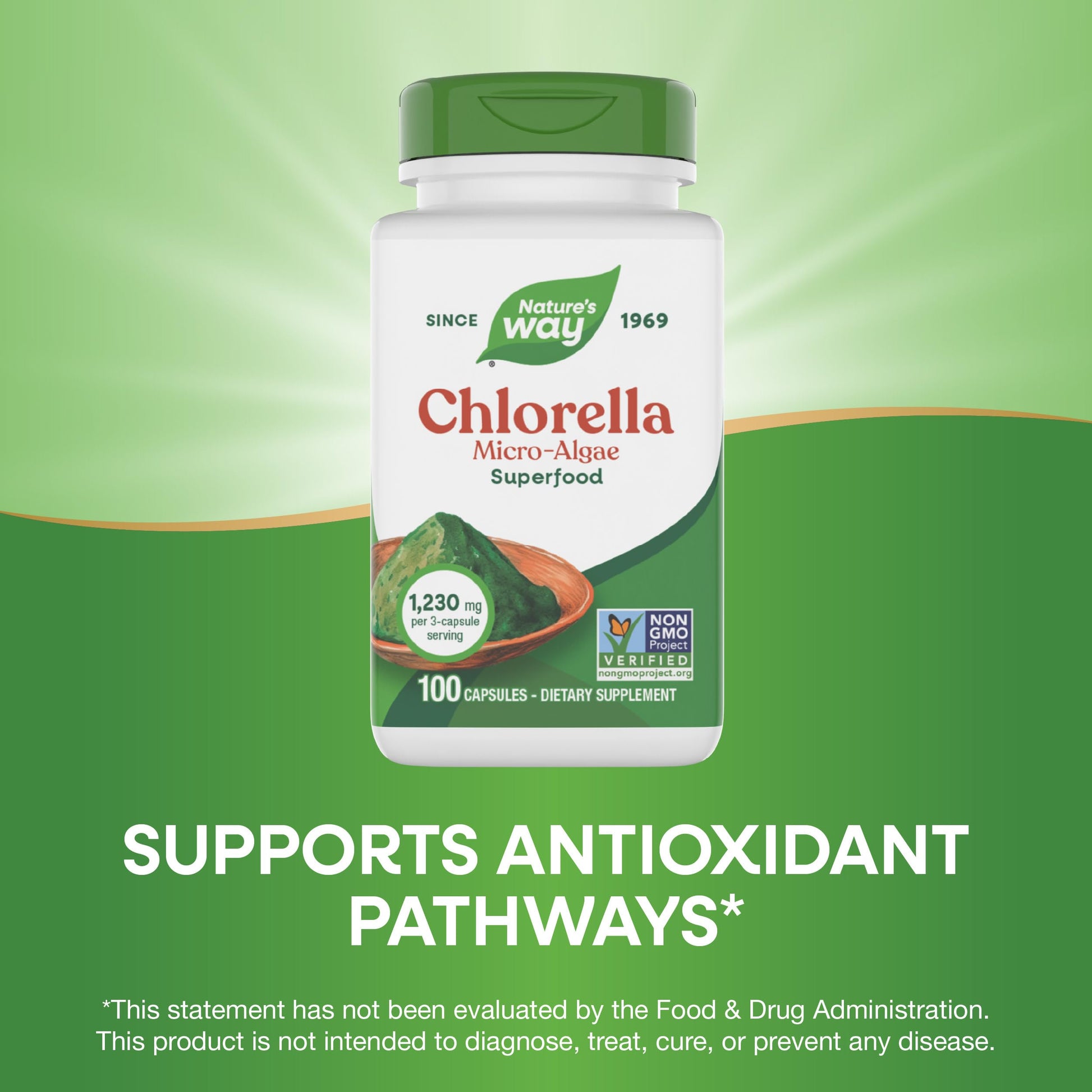 Close up of Nature's Way Chlorella Non-GMO Project verified seal