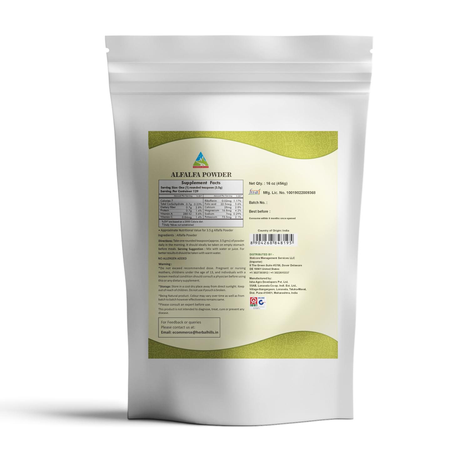 Herbal Hills Alfalfa Powder green superfood label details