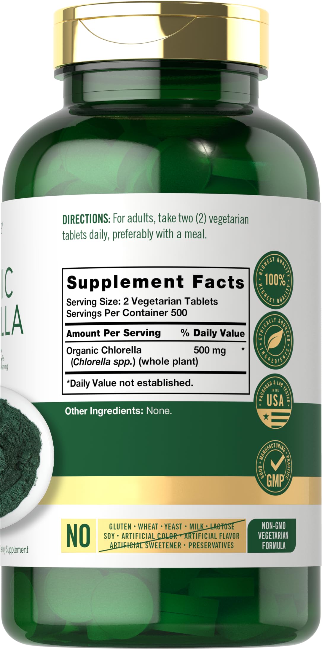Close up of Carlyle Organic Chlorella supplement label details