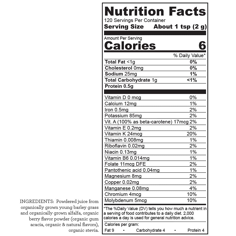 Hallelujah Diet BarleyMax organic green juice powder label details