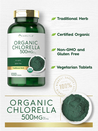 Carlyle Chlorella vegetarian tablets organic certification seal