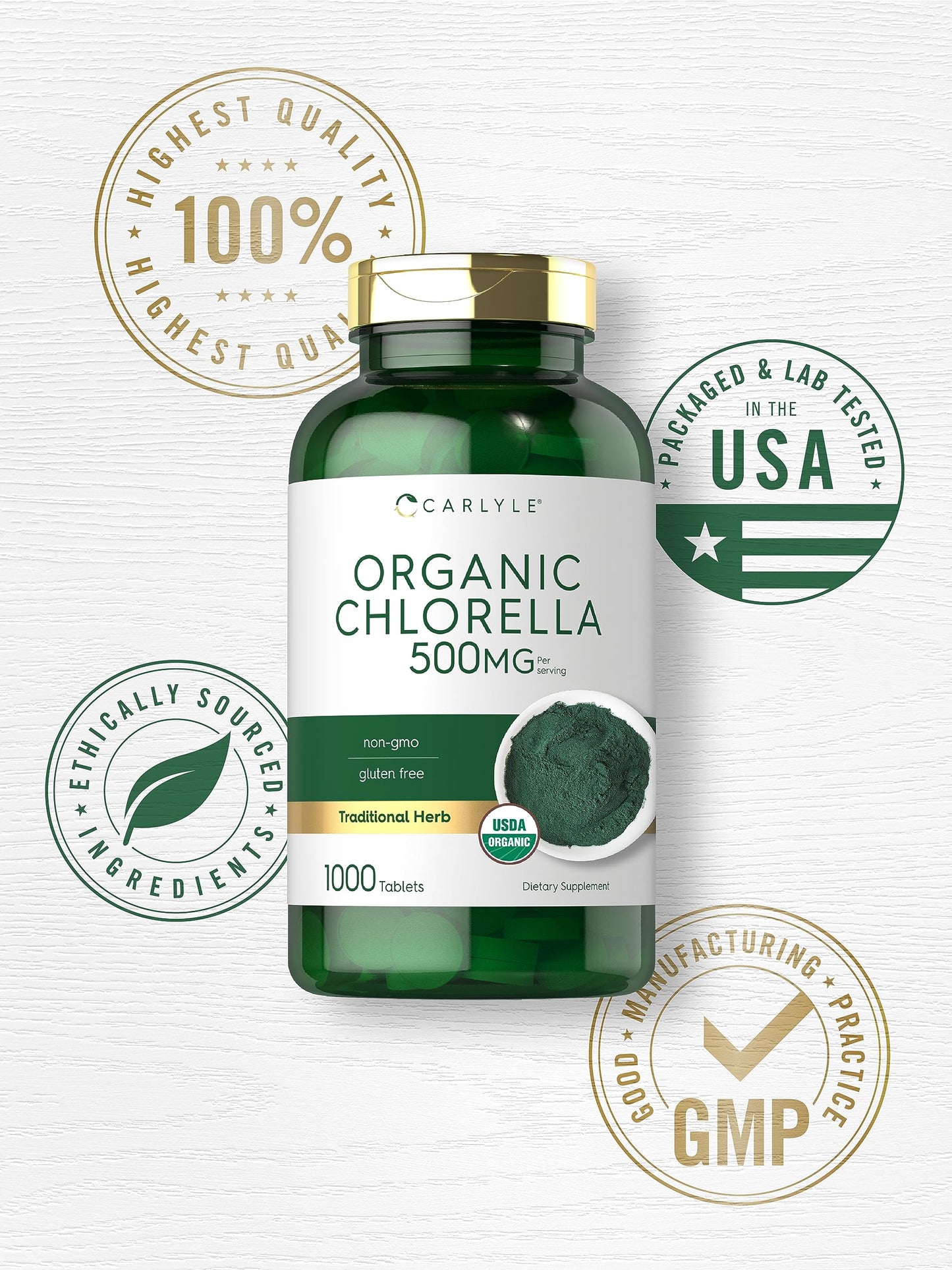 Nutritional facts panel for Carlyle Organic Chlorella 500mg