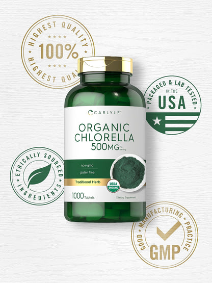 Nutritional facts panel for Carlyle Organic Chlorella 500mg