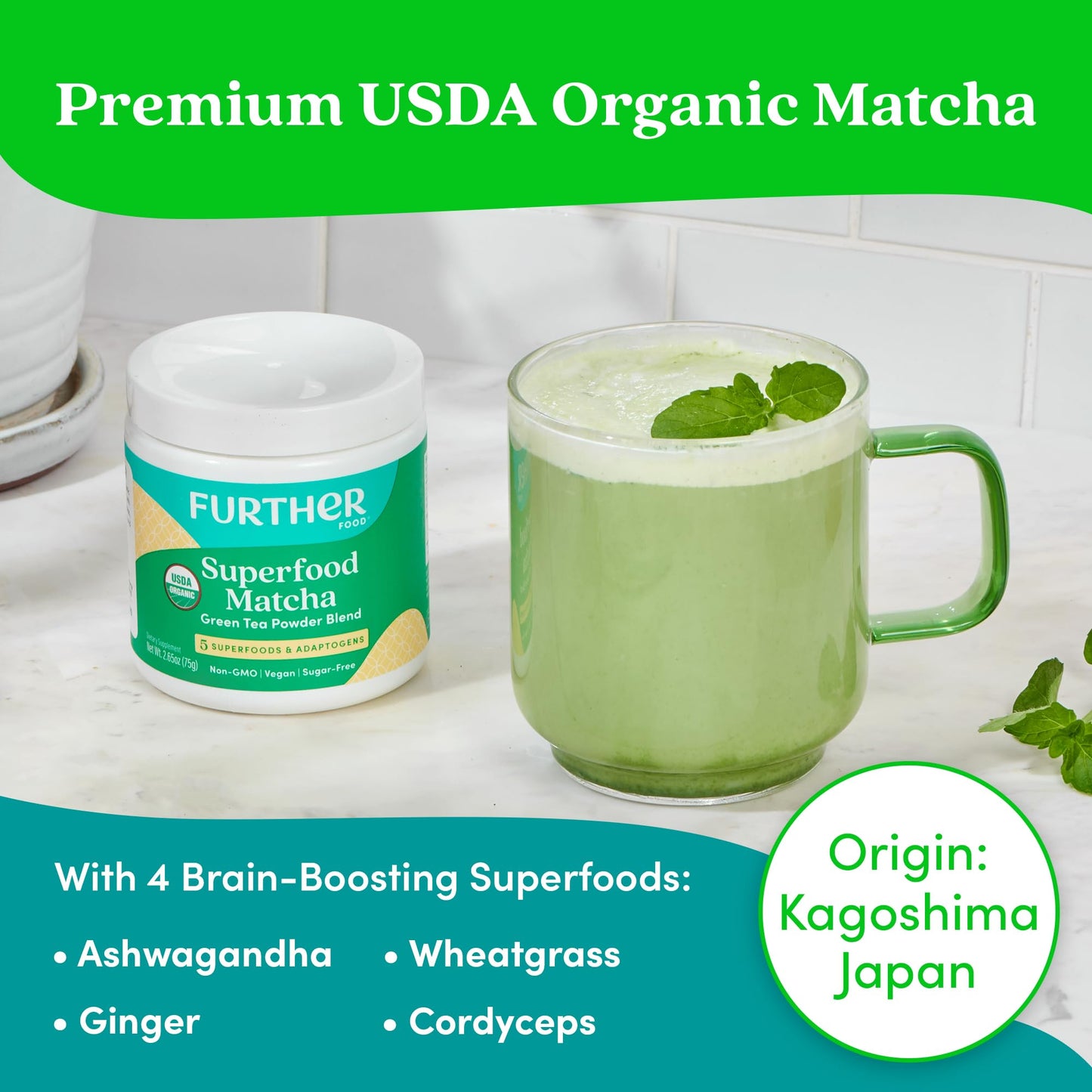 Further Food matcha powder showing organic and vegan certifications