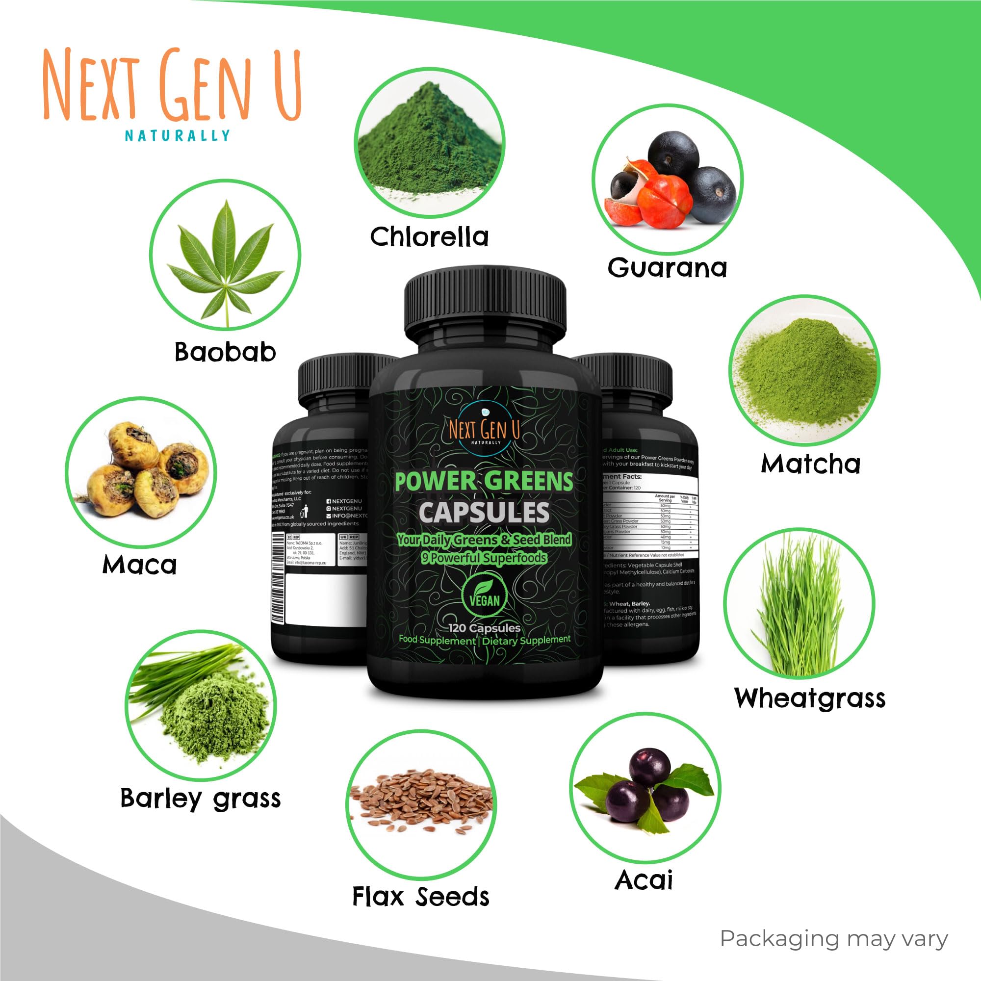 Next Gen U vegan superfood capsules label details