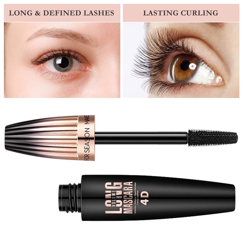 Waterproof black fiber mascara tubes displayed next to the curved applicator brush