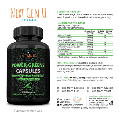 Next Gen U super greens 500 milligrams vegan capsule bottle
