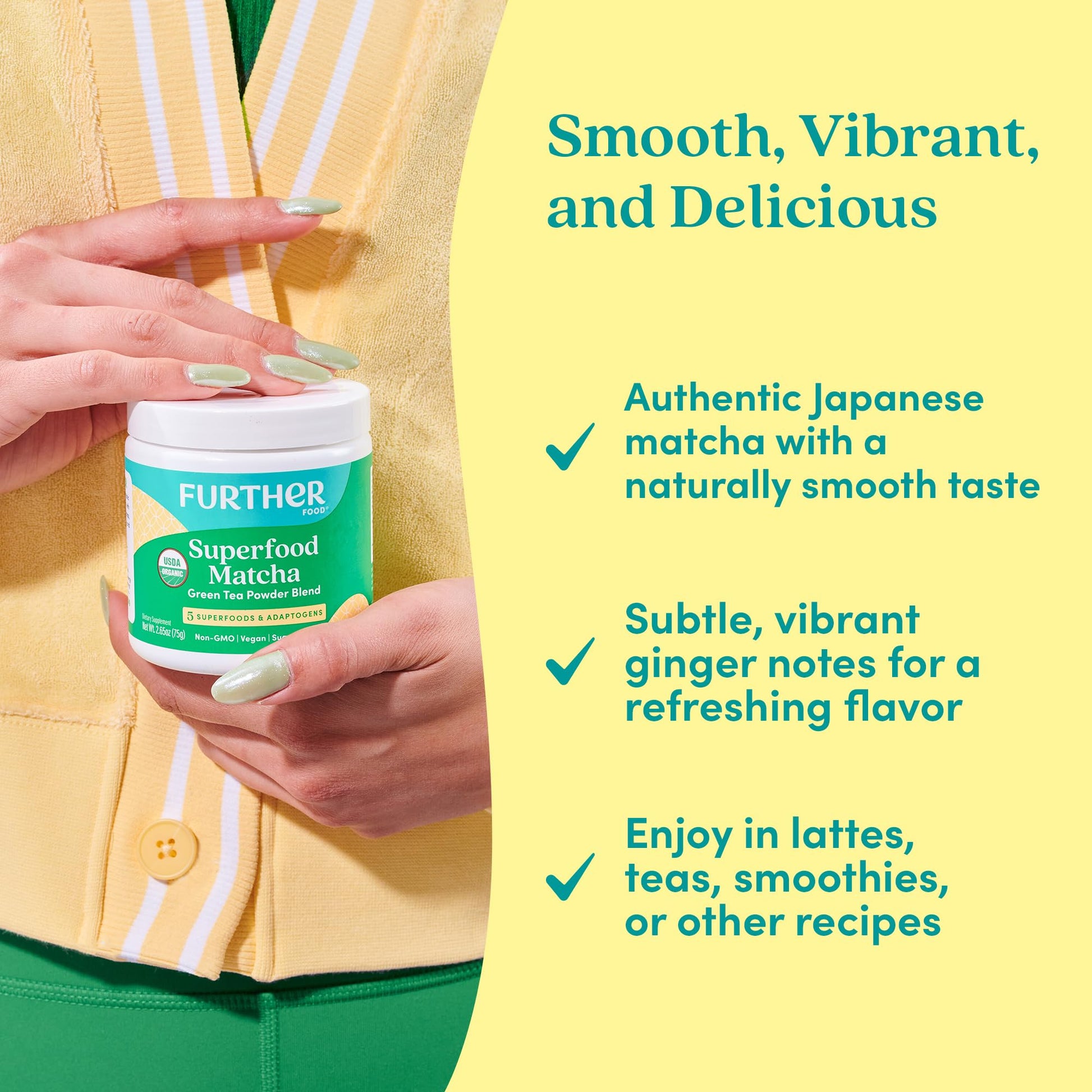 Further Food premium matcha container back view with ingredients