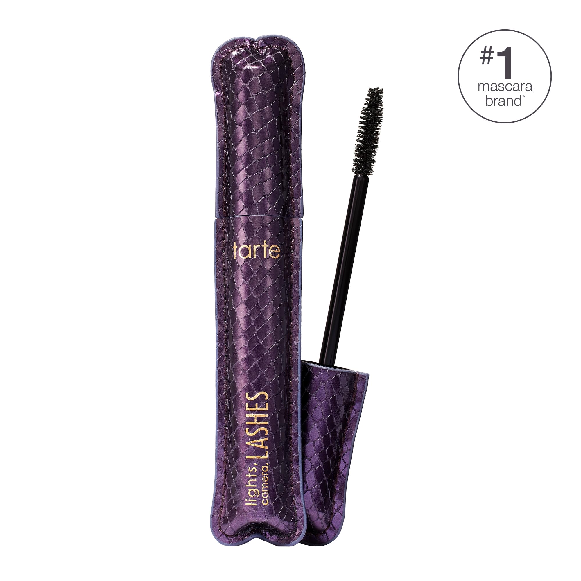 Tarte volumizing black mascara wand showing the 360-degree dual-length bristle design.