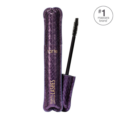Tarte volumizing black mascara wand showing the 360-degree dual-length bristle design.