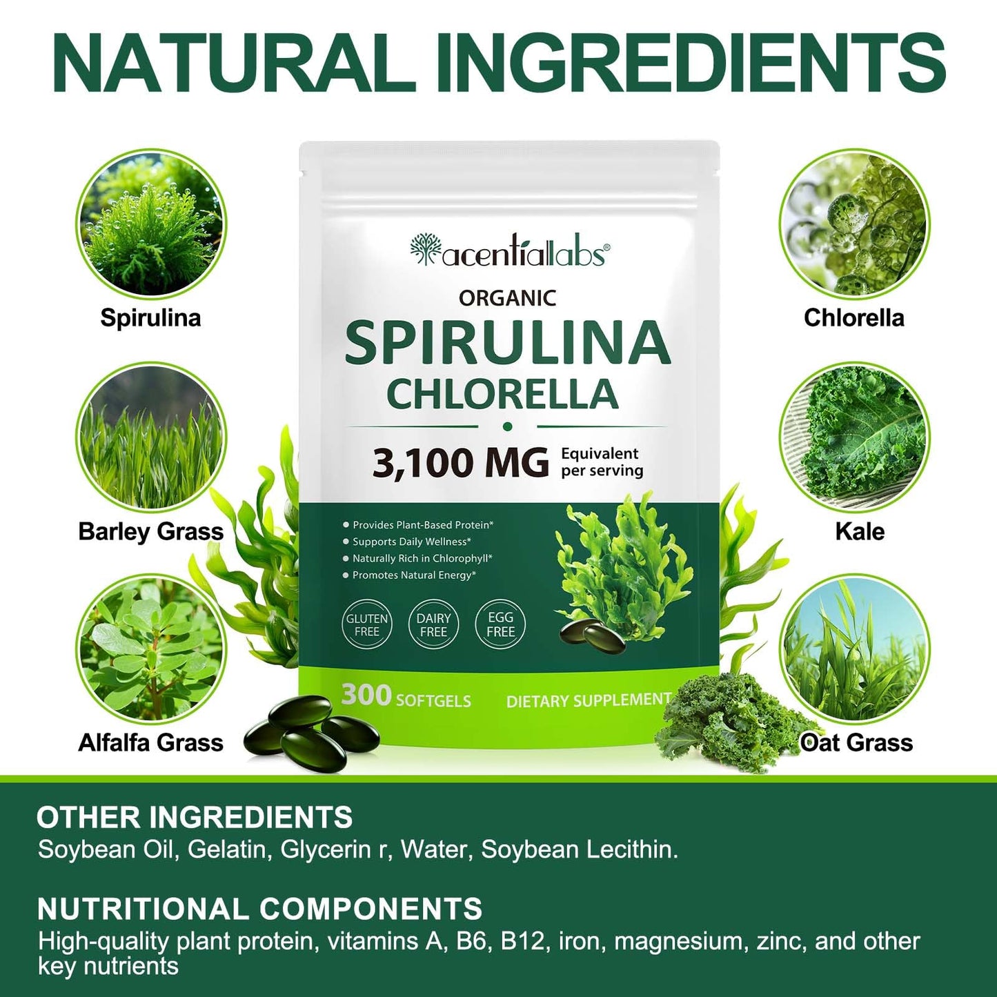 Top view of vegan supergreens softgels for daily wellness