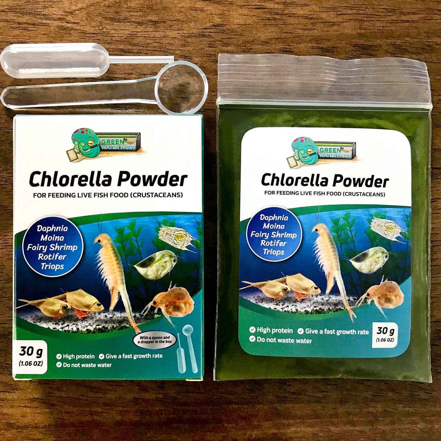 Chlorella powder in measuring spoon for aquarium use