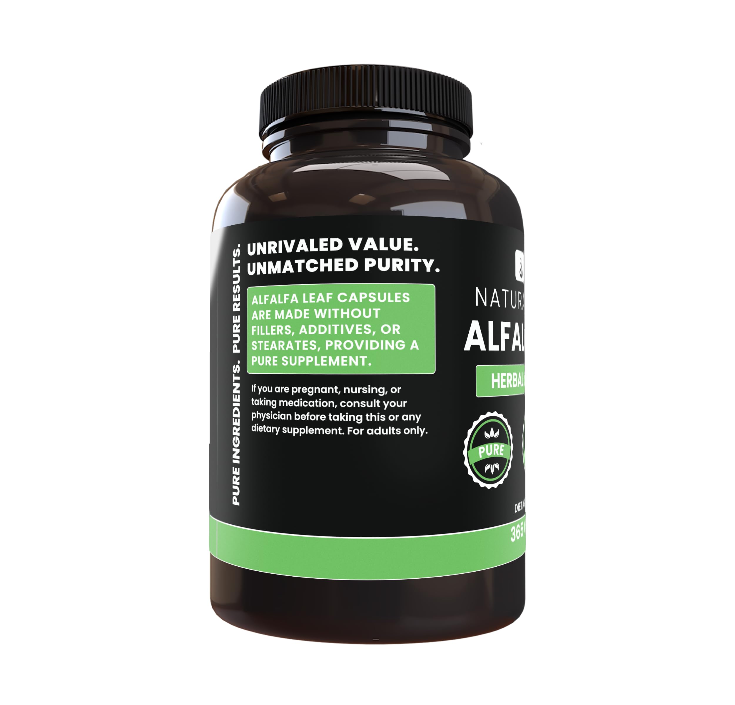 Close up of Solaray Alfalfa Leaf supplement label showing purity details