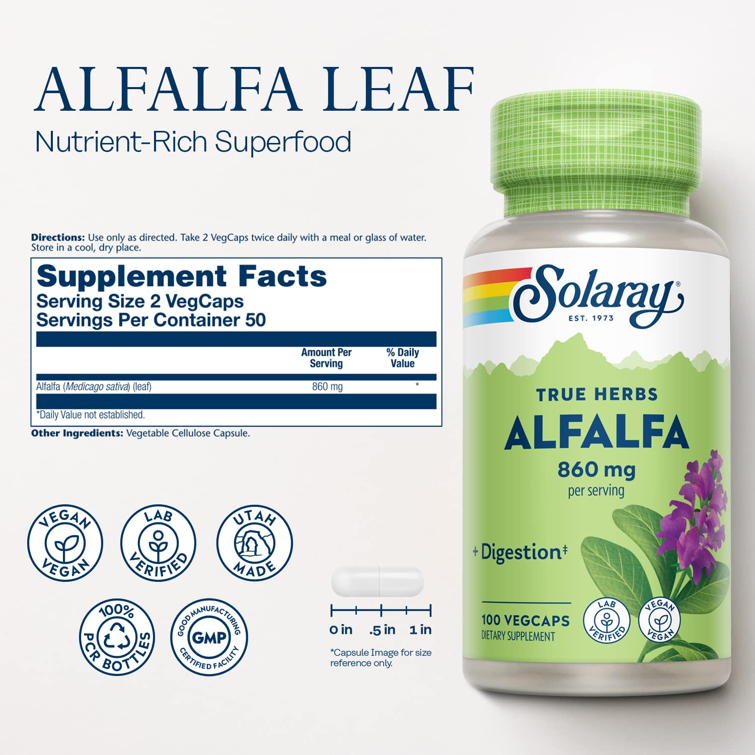 Solaray Alfalfa Leaf vegan capsules packaging label details