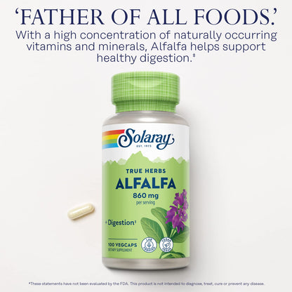 Back of Solaray Alfalfa Leaf bottle showing supplement facts