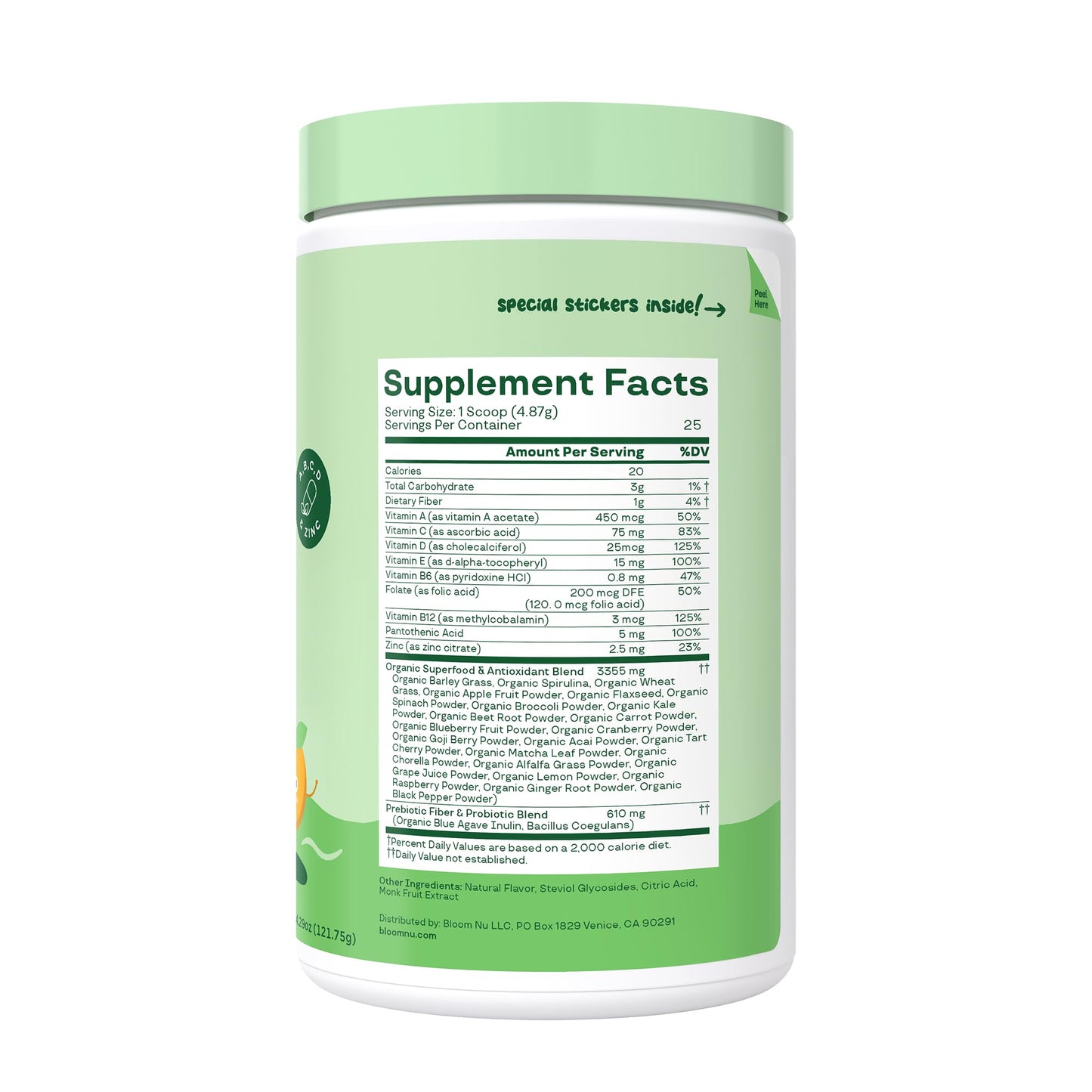 Bloom Nutrition Kids Greens powder label highlighting fruit and vegetable blend