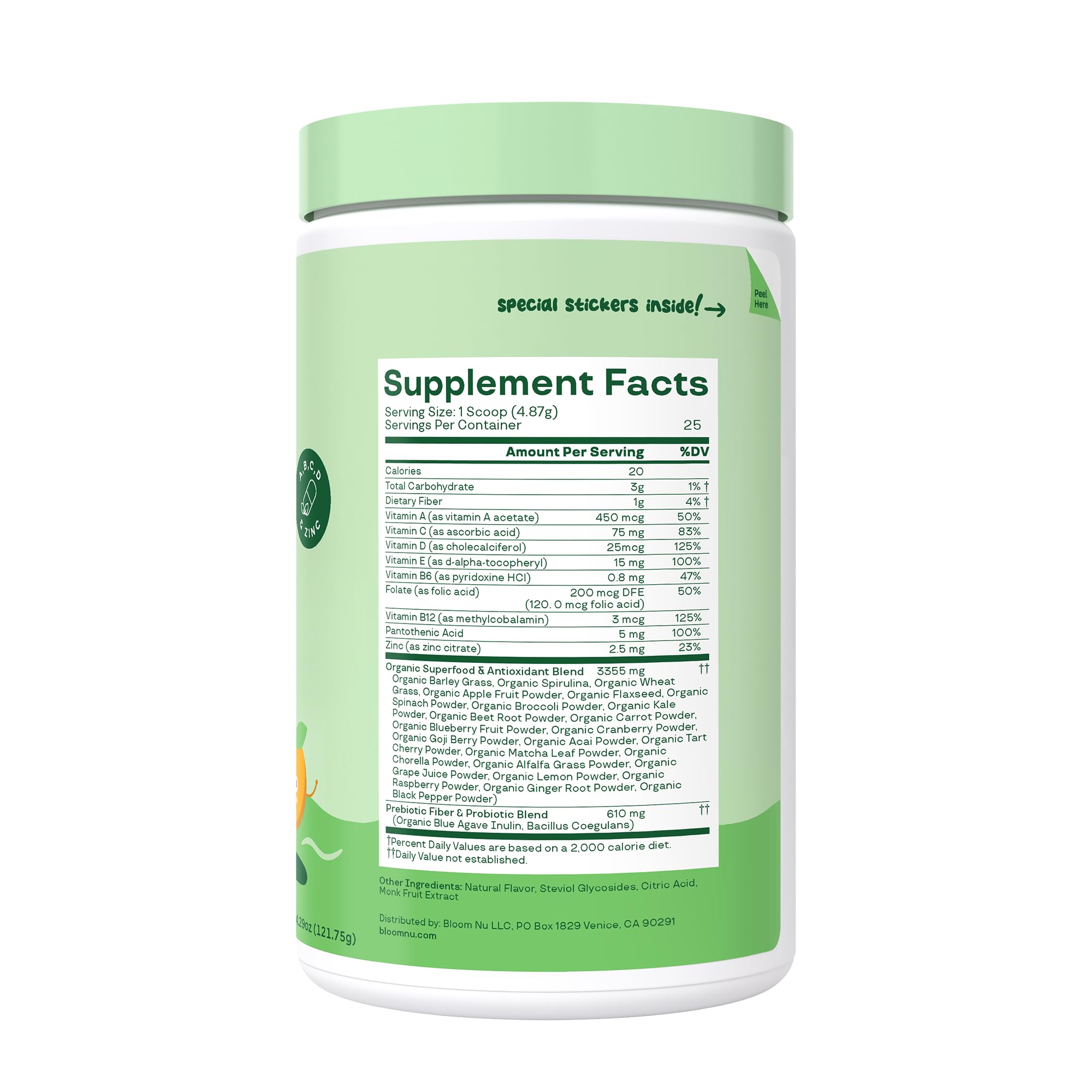 Bloom Nutrition Kids Greens powder label highlighting fruit and vegetable blend
