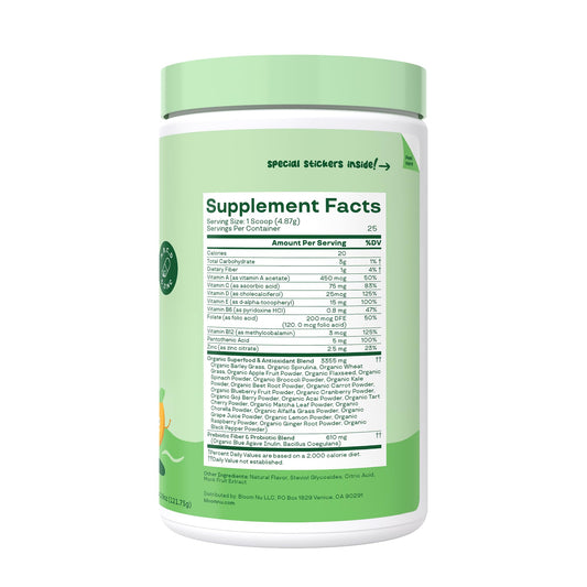 Bloom Nutrition Kids Greens powder label highlighting fruit and vegetable blend