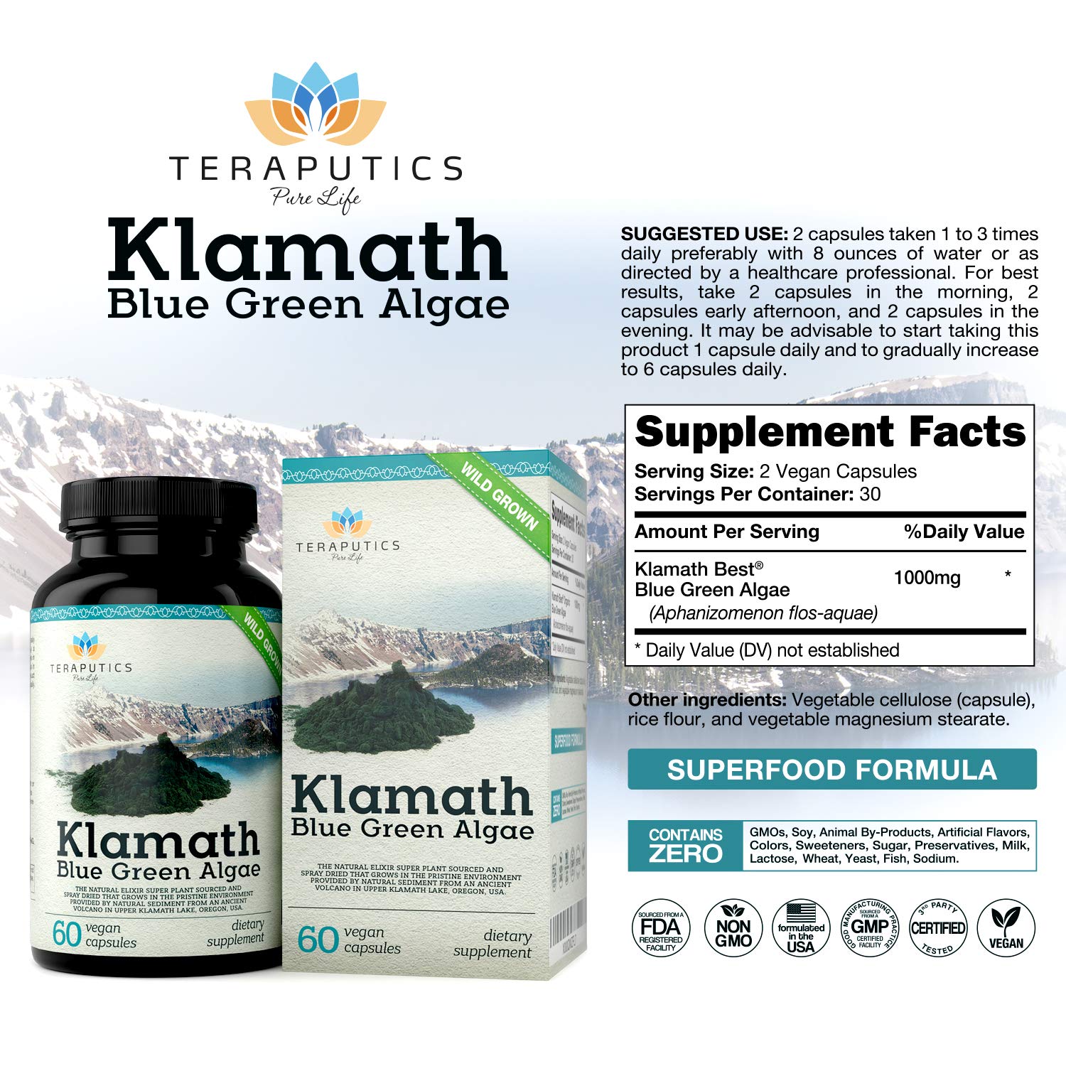 Close up label details of Teraputics blue green algae 500mg capsules