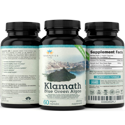 Top view of Teraputics Blue Green Algae dietary supplement bottle