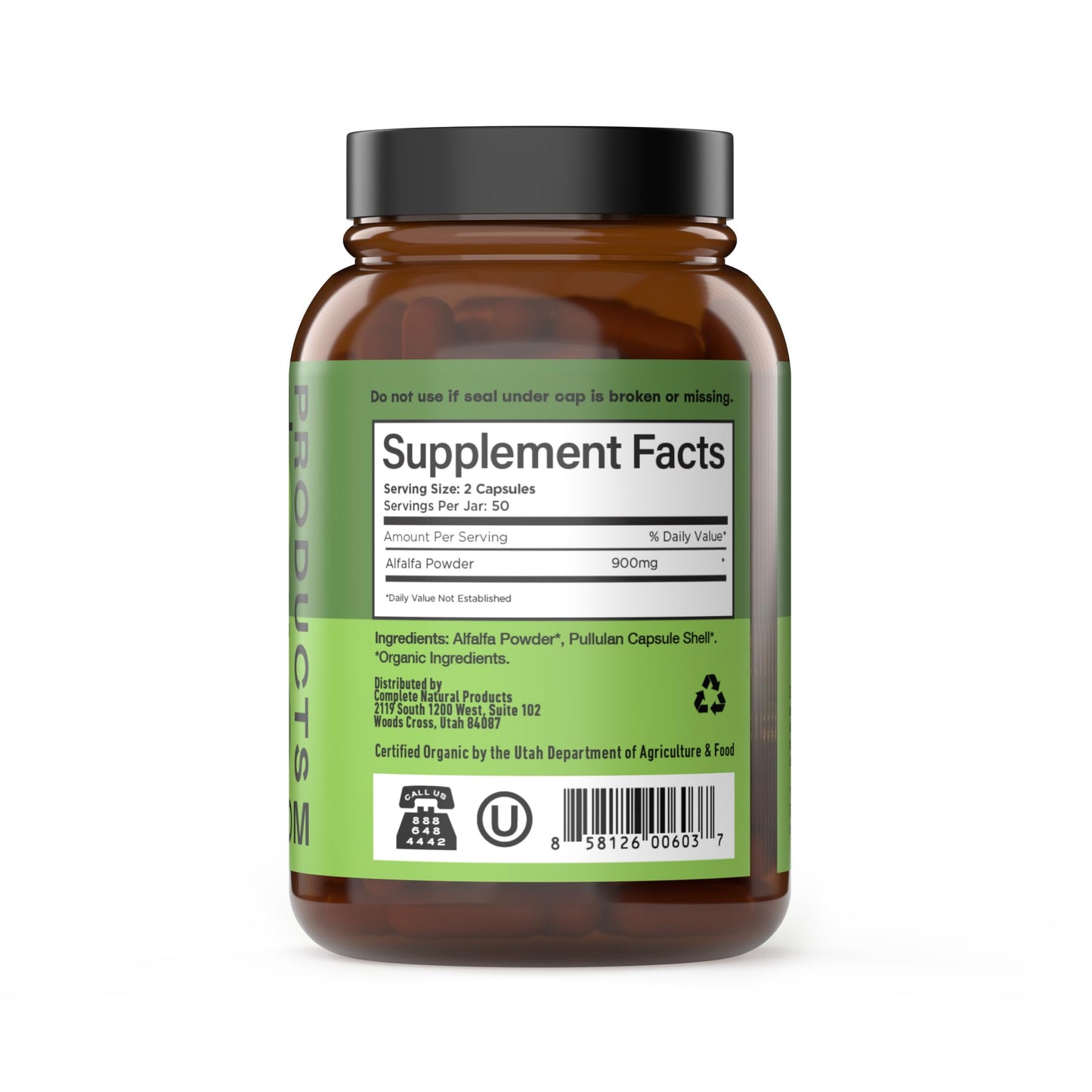 Close up of Complete Natural Products organic alfalfa leaf supplement label