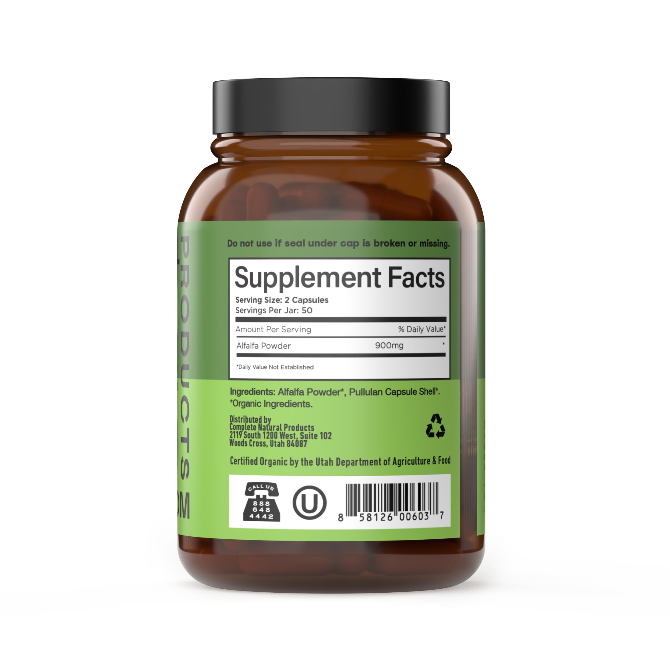 Close up of Complete Natural Products organic alfalfa leaf supplement label