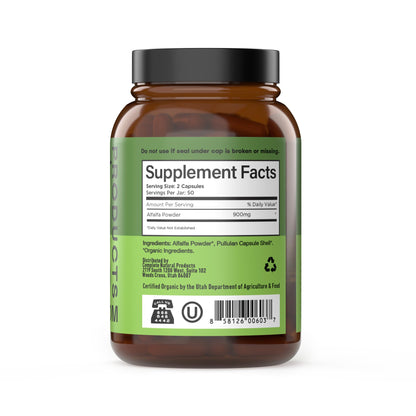 Close up of Complete Natural Products organic alfalfa leaf supplement label