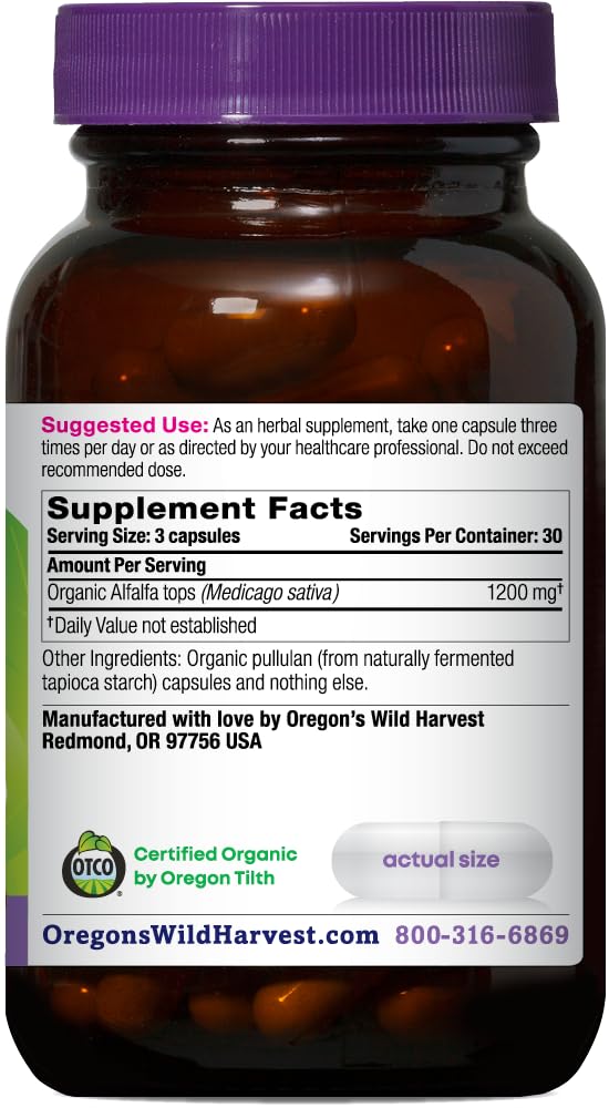 Oregon's Wild Harvest Alfalfa supplement bottle label details