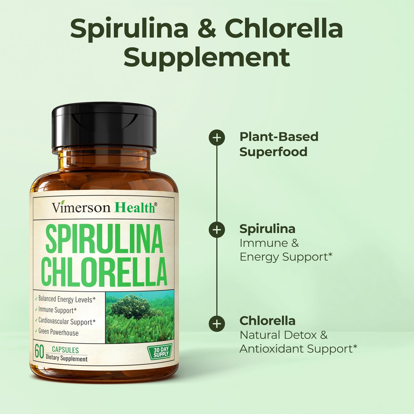 Vimerson Health spirulina and chlorella capsules bottle side view