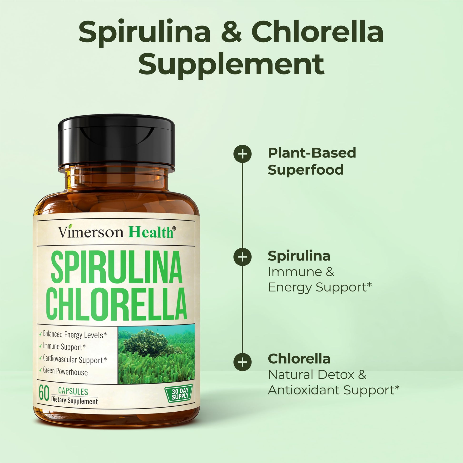 Vimerson Health spirulina and chlorella capsules bottle side view