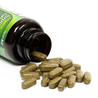 Top view of HealthA2Z organic greens and fruits blend bottle