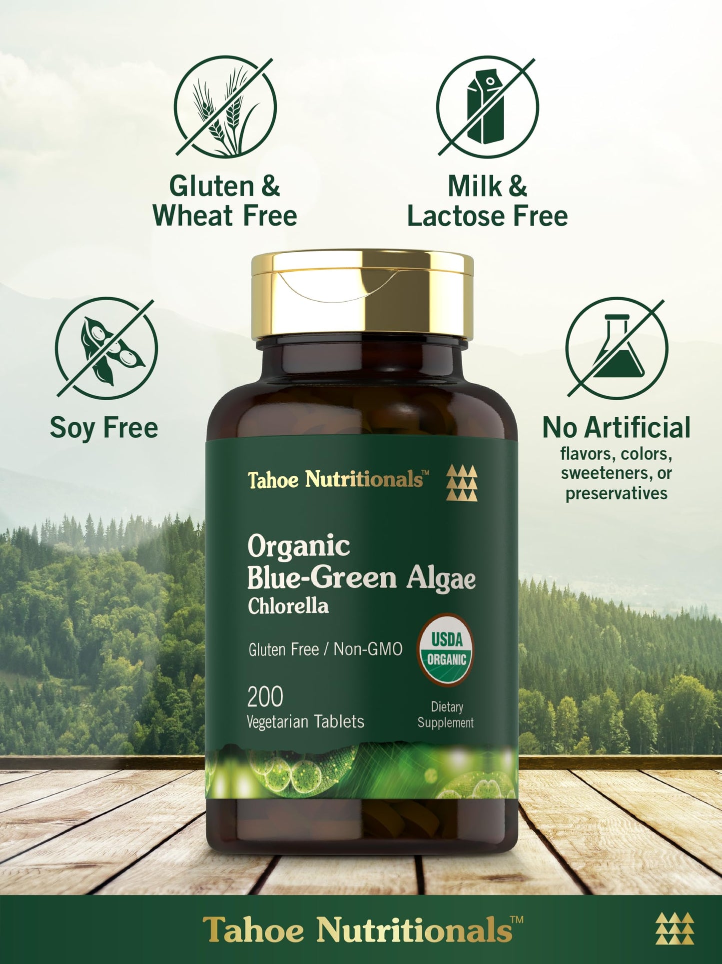 Close up of Carlyle Chlorella blue-green algae bottle