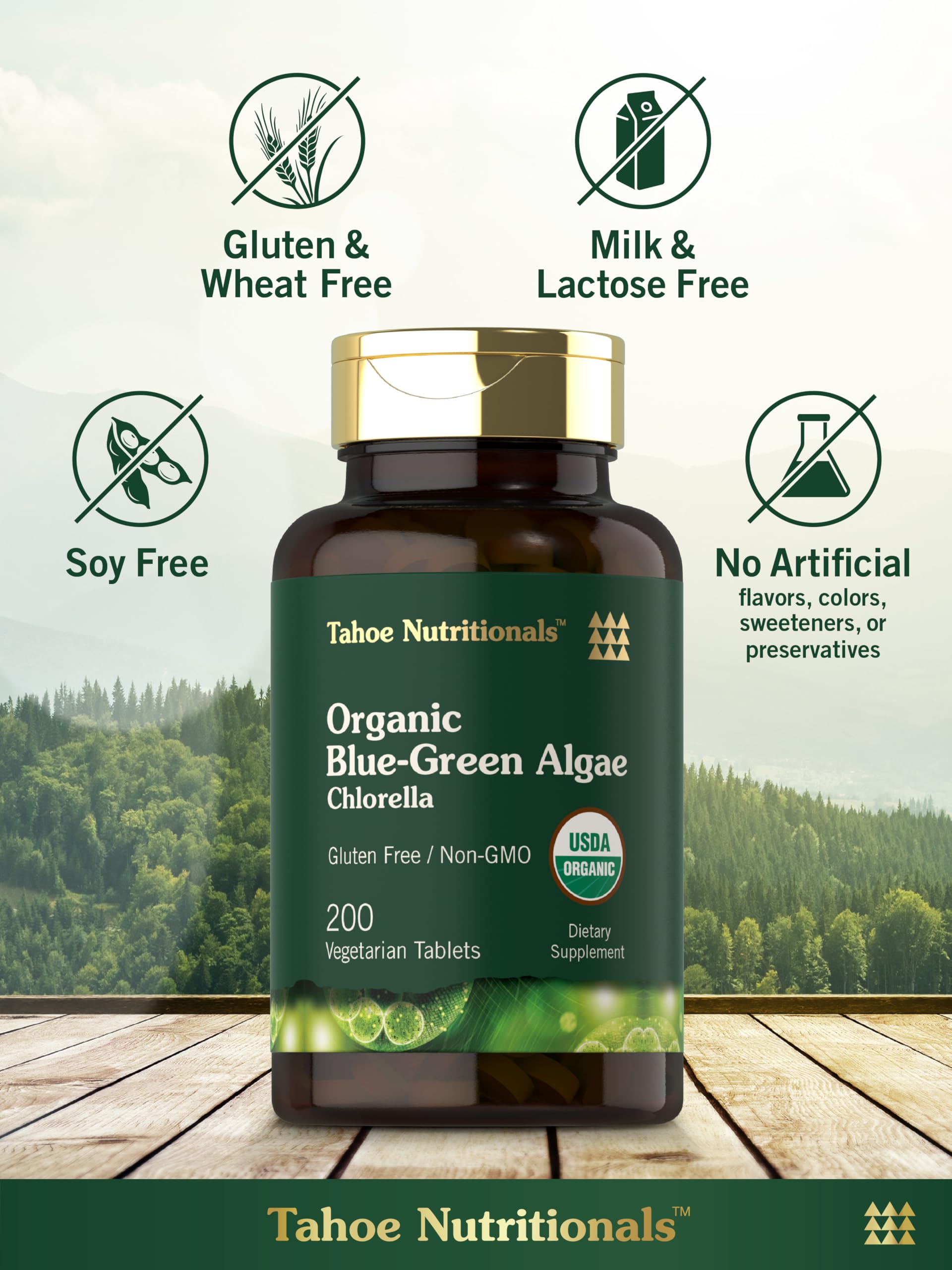 Close up of Carlyle Chlorella blue-green algae bottle