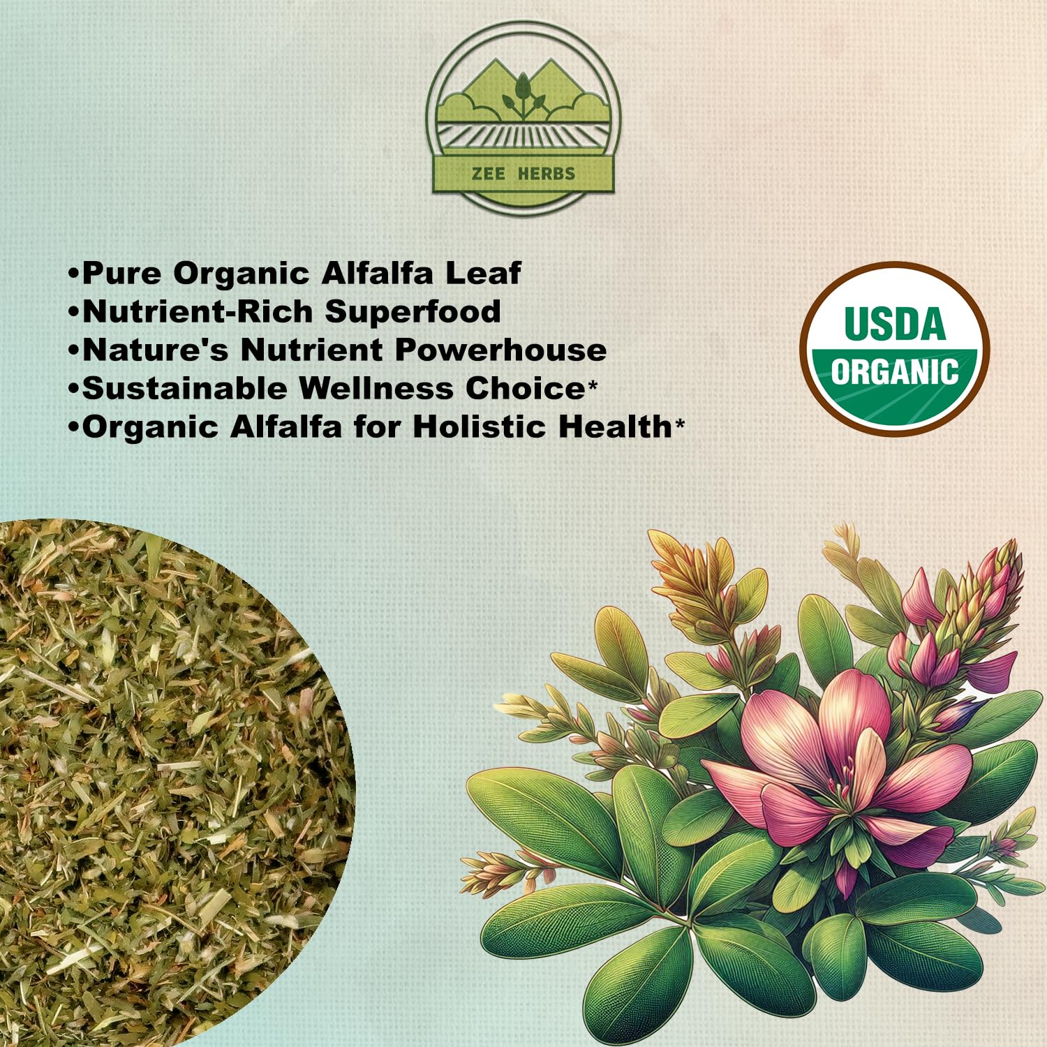 Close up of ZeeHERBS cut and sifted Alfalfa leaves