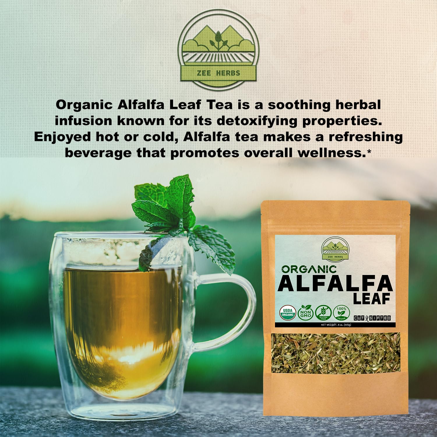 ZeeHERBS Organic Alfalfa Leaf tea label showing USDA certification